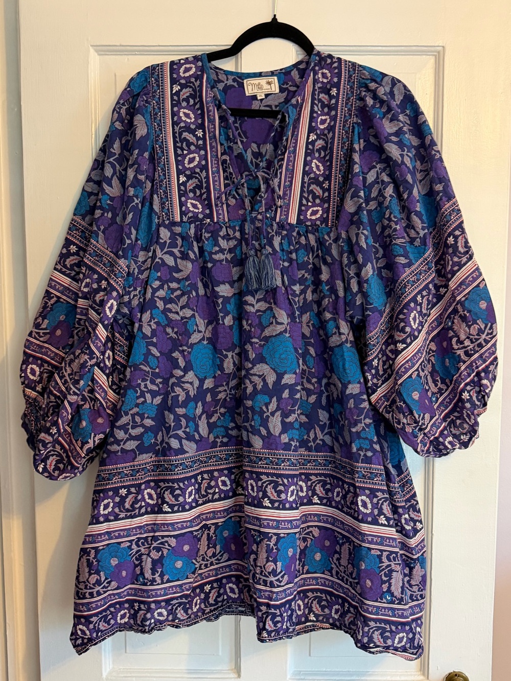 Mille Daisy Dress in Twilight, V-Neck, Puff Sleeve, Tassels, XL, Floral Boho